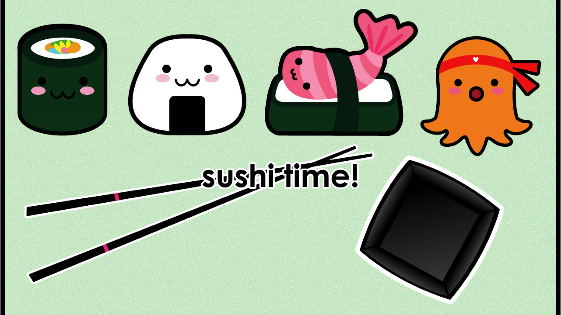 cute sushi food cartoon, chopsticks, bowl, Full HD Desktop Wallpaper