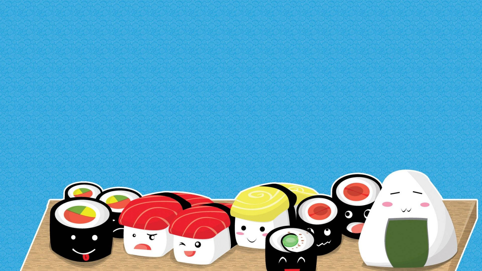 cartoon sushi, wooden board, solid blue background, Full HD Desktop Wallpaper
