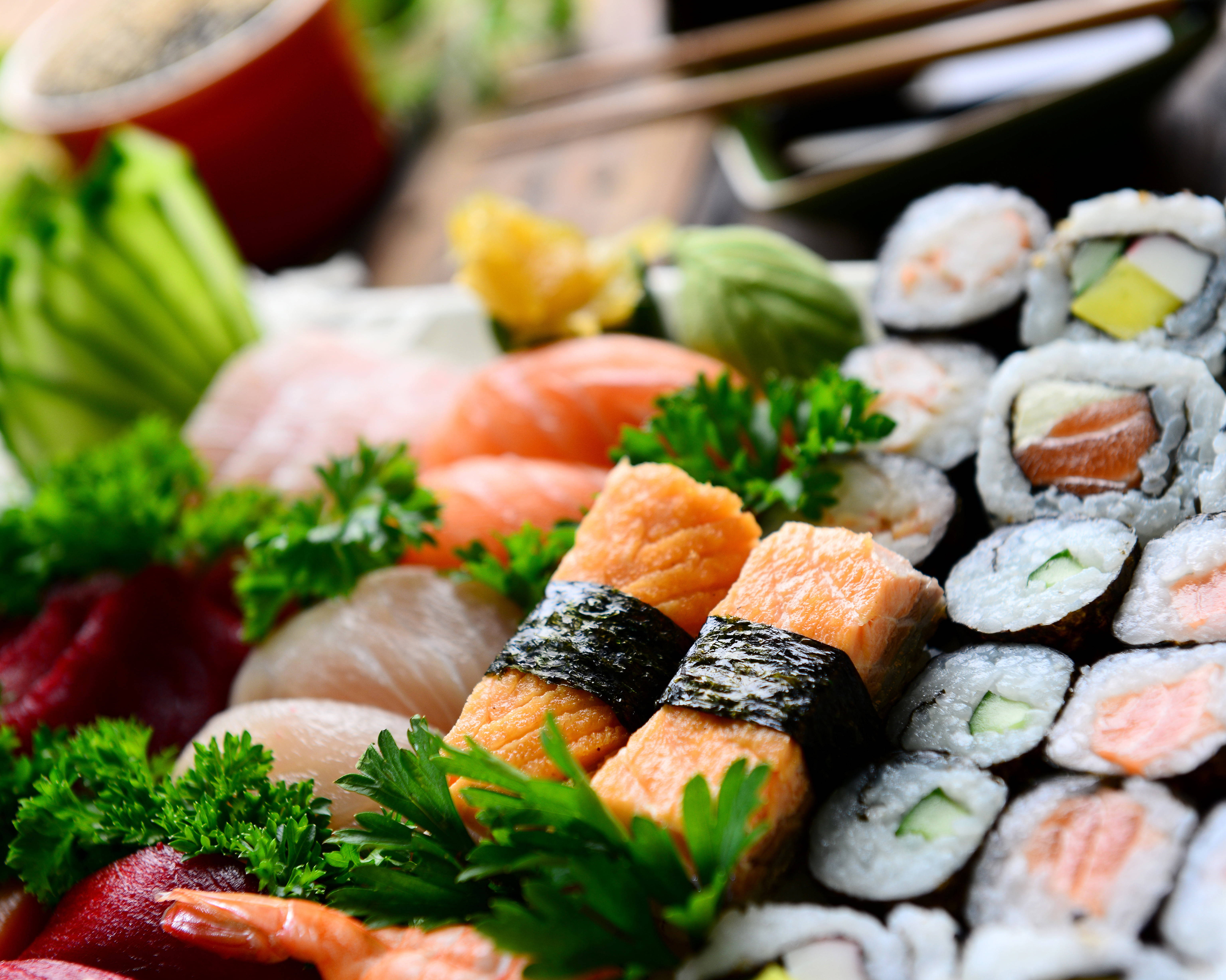sushi platter, sashimi, parsley, 5K Desktop Wallpaper