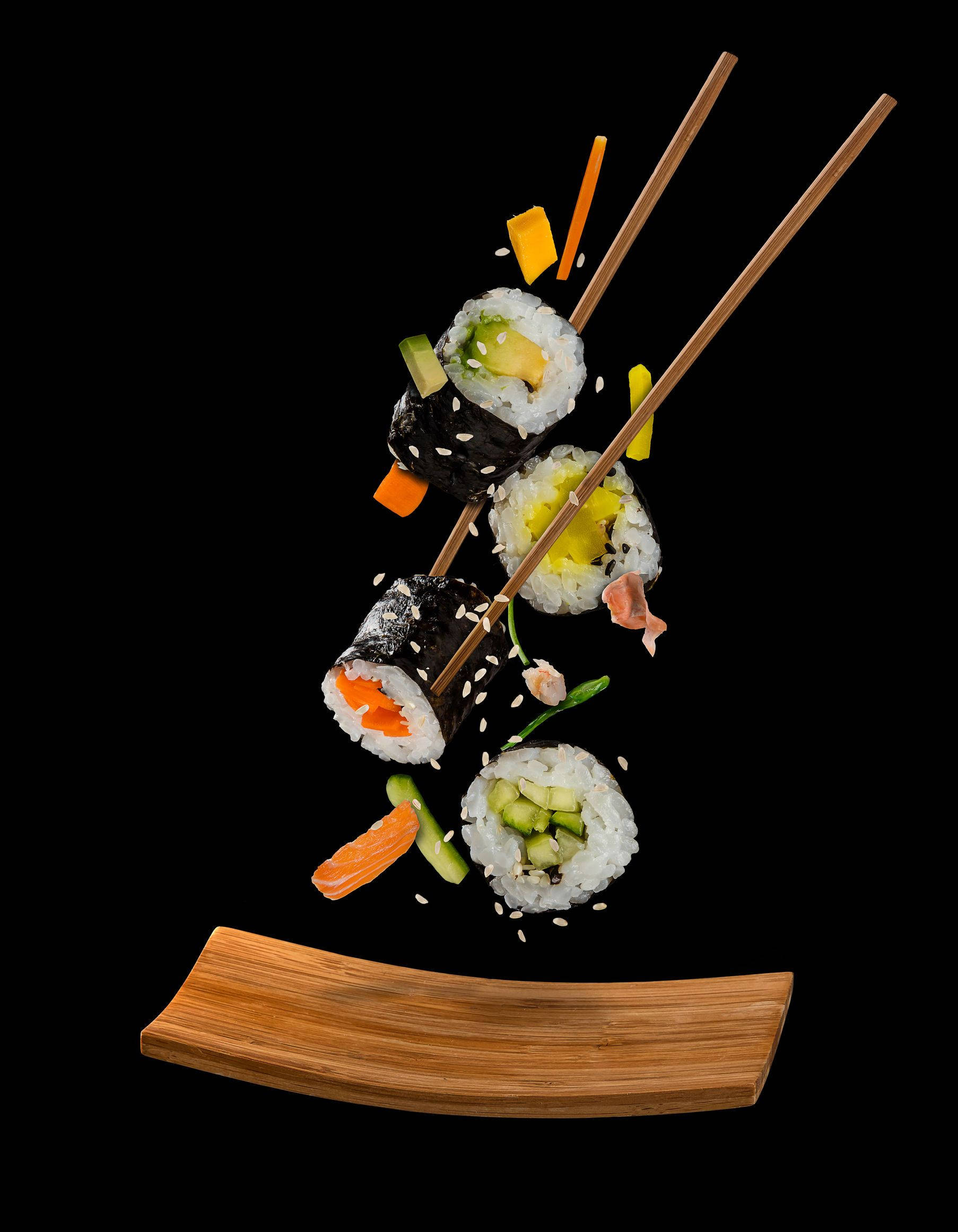 maki sushi, chopsticks, wooden plate, Full HD Phone Wallpaper