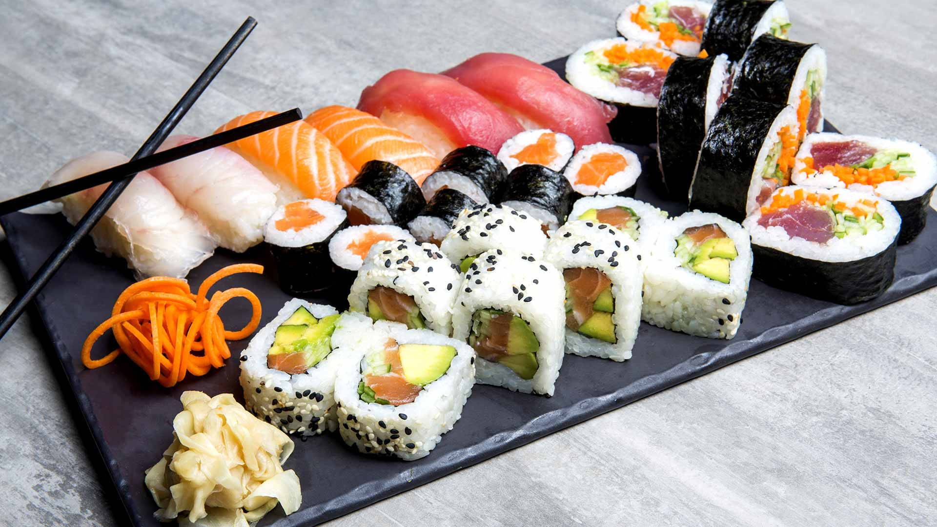 elegant sushi plating, assorted sushi rolls, sashimi, Full HD Desktop Wallpaper
