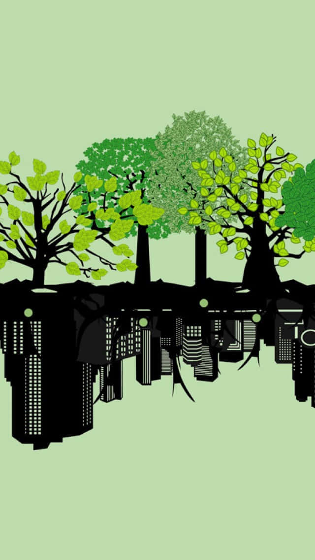 Sustainable Future Concept Illustration, silhouetted city skyline, vibrant green trees, SD Phone Wallpaper
