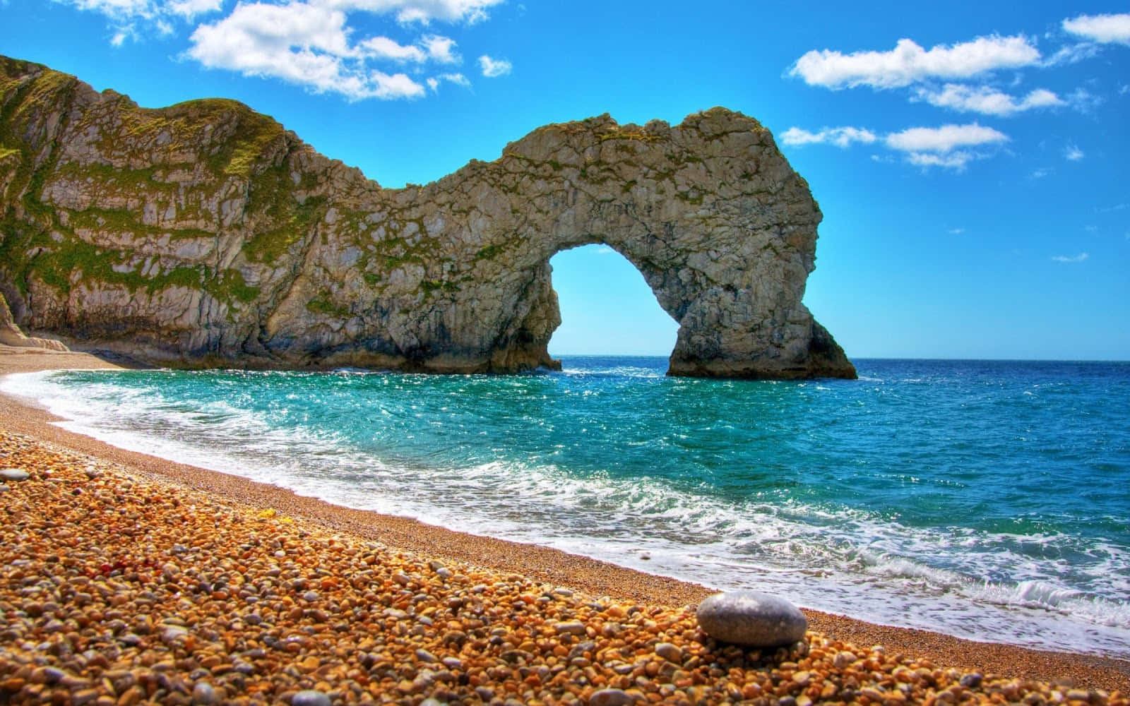 natural rock arch, turquoise waters, pebble beach, HD Desktop Wallpaper