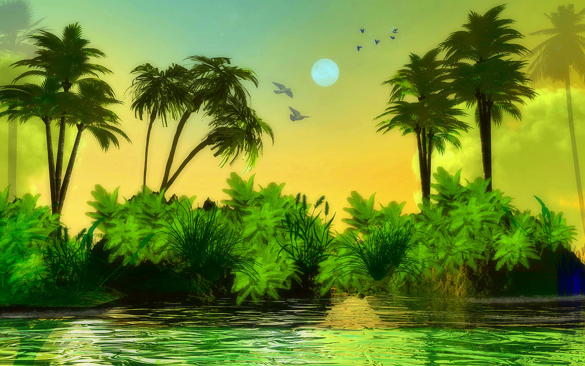 Tropical palm trees, glowing green river, warm sunset sky, Full HD Desktop Wallpaper