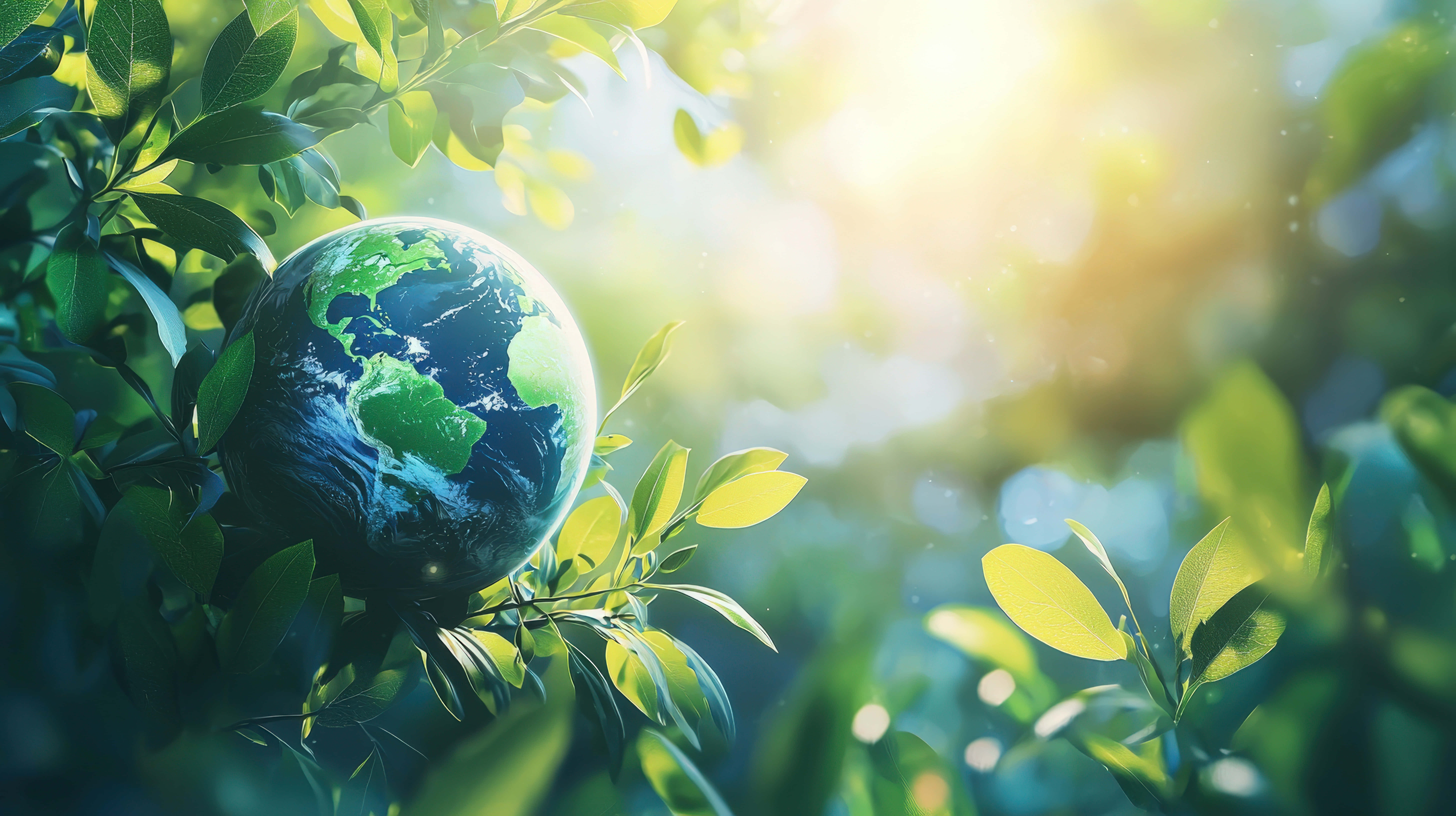 Earth, glowing orb, vibrant green leaves, 8K Desktop Wallpaper