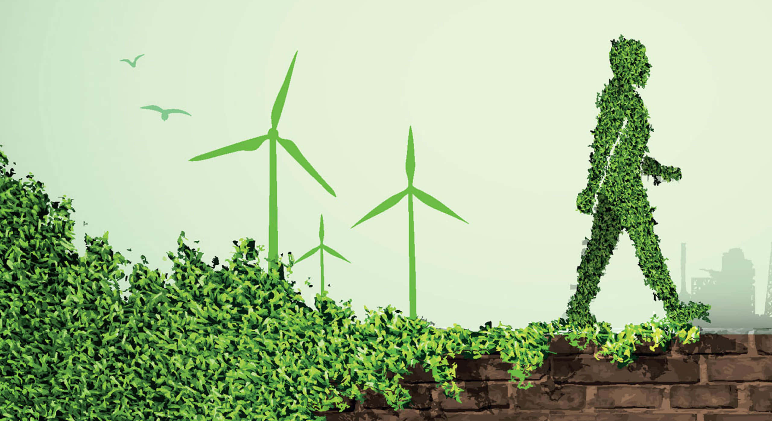 green foliage, wind turbines, brick wall, 2K Desktop Wallpaper