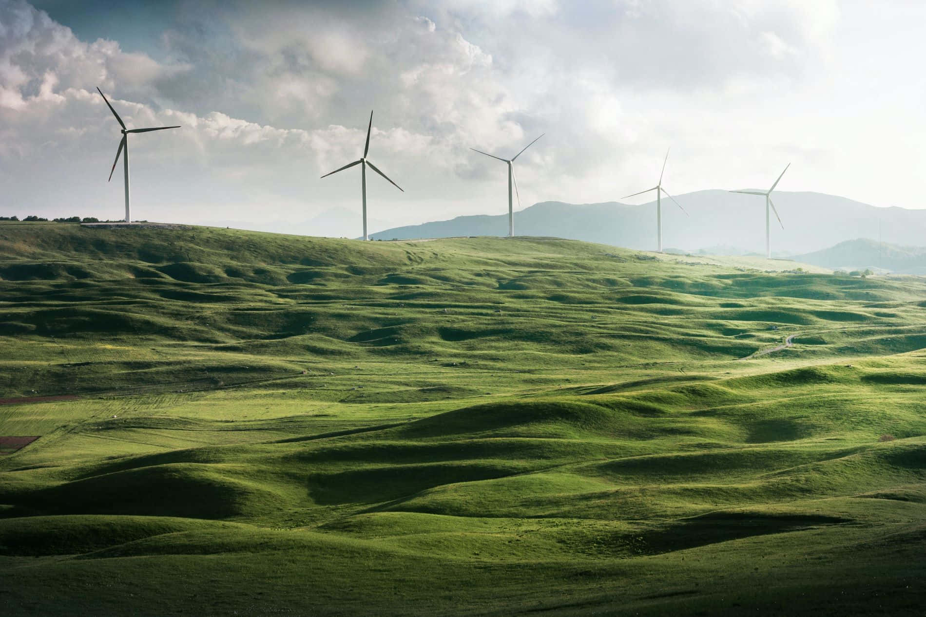 wind turbines, rolling green hills, cloudy sky, HD Desktop Wallpaper