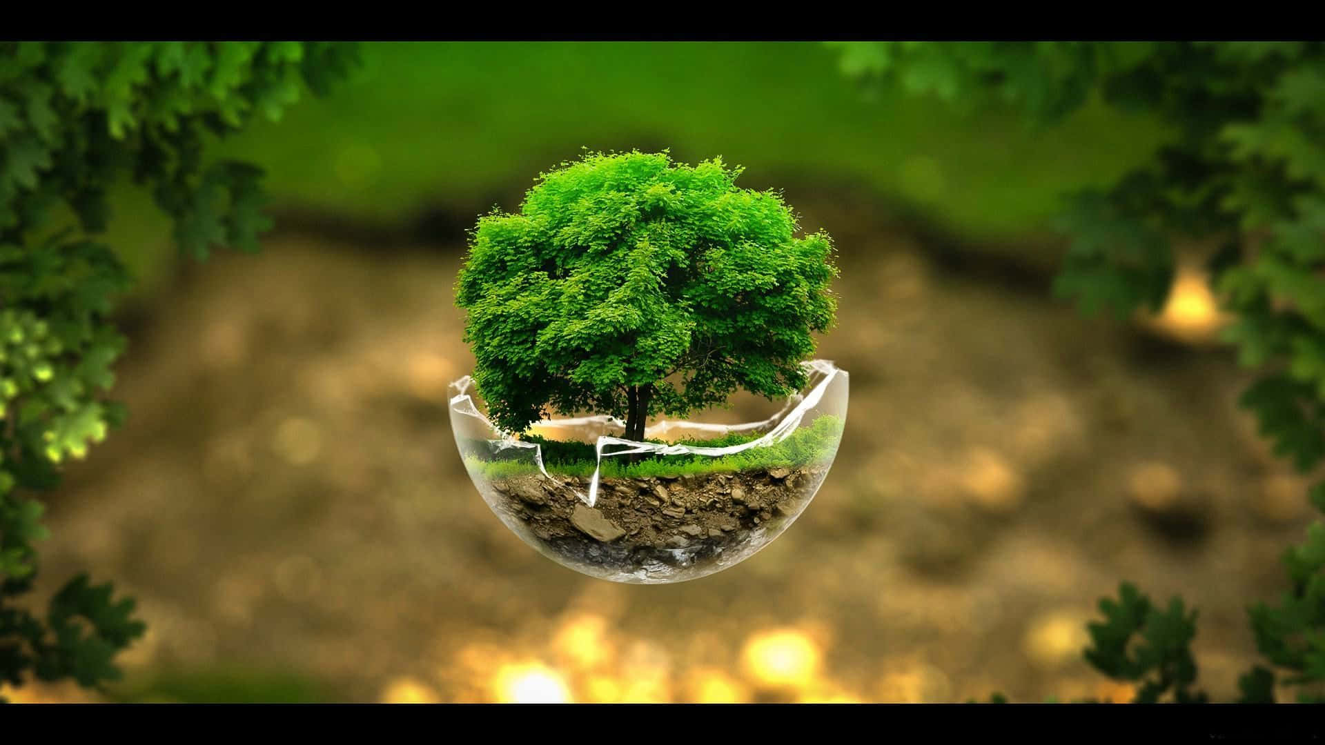 Sustainability Bubble, cracked glass sphere, lush green tree, Full HD Desktop Wallpaper