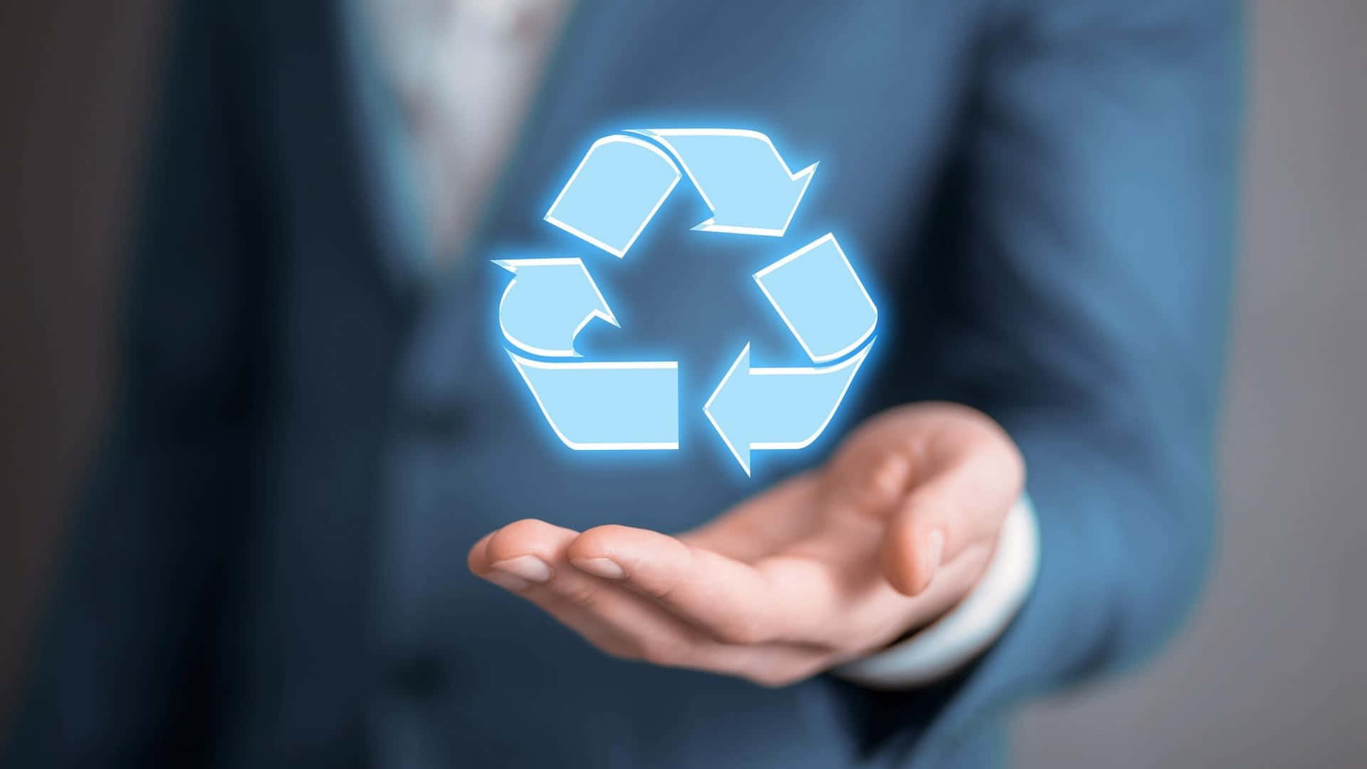 glowing blue holographic recycling symbol, person in a suit, open palm, Full HD Desktop Wallpaper