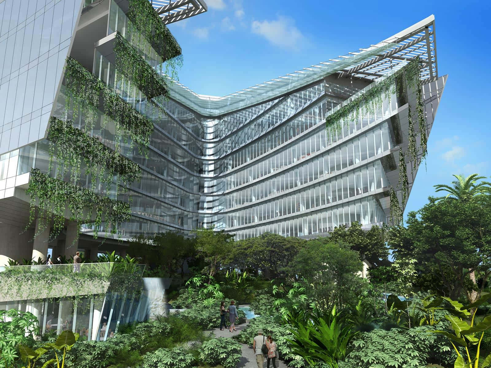 futuristic glass building, cascading greenery, clear blue sky, HD Desktop Wallpaper