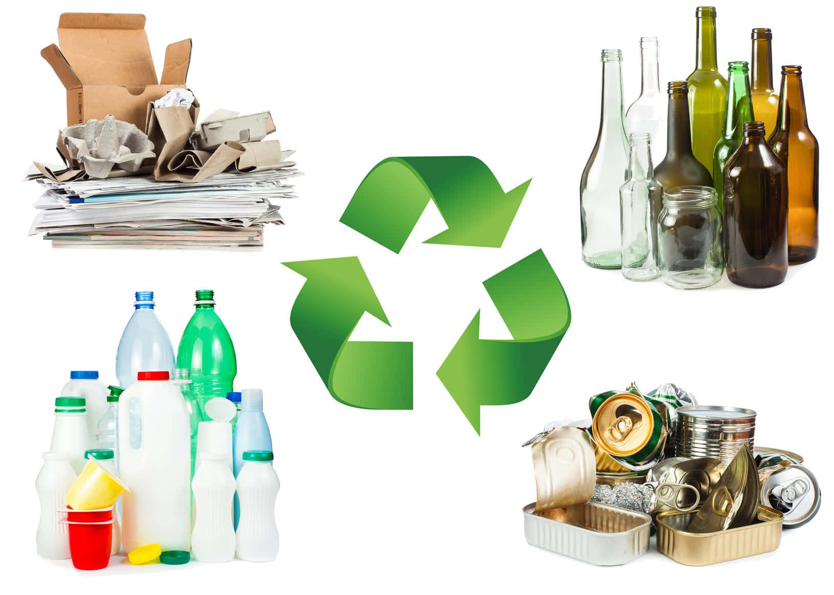 Green recycling symbol, paper, glass bottles, HD Desktop Wallpaper