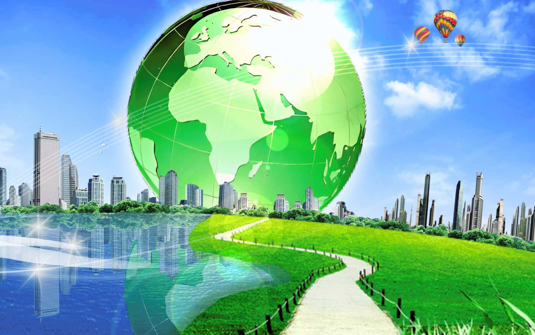 glowing green globe, cityscape, winding path through grass, HD Desktop Wallpaper