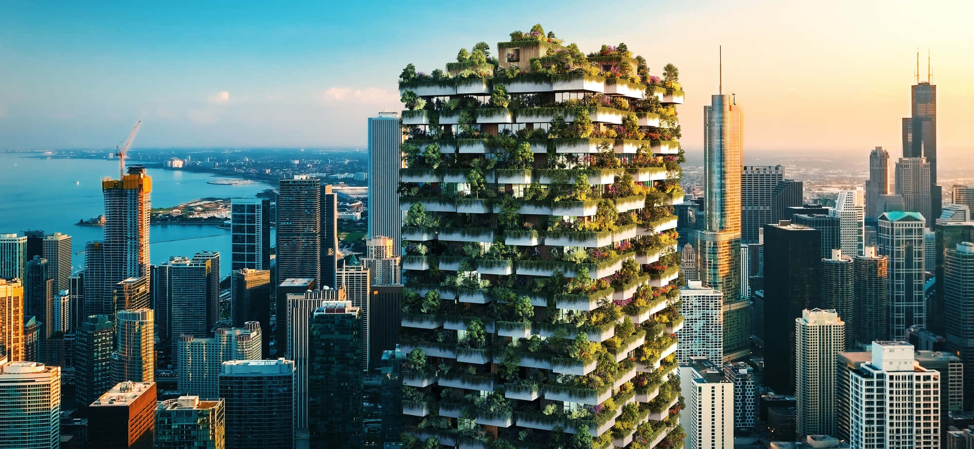 vertical garden skyscraper, dense urban skyline, golden sunset, Full HD Desktop Wallpaper