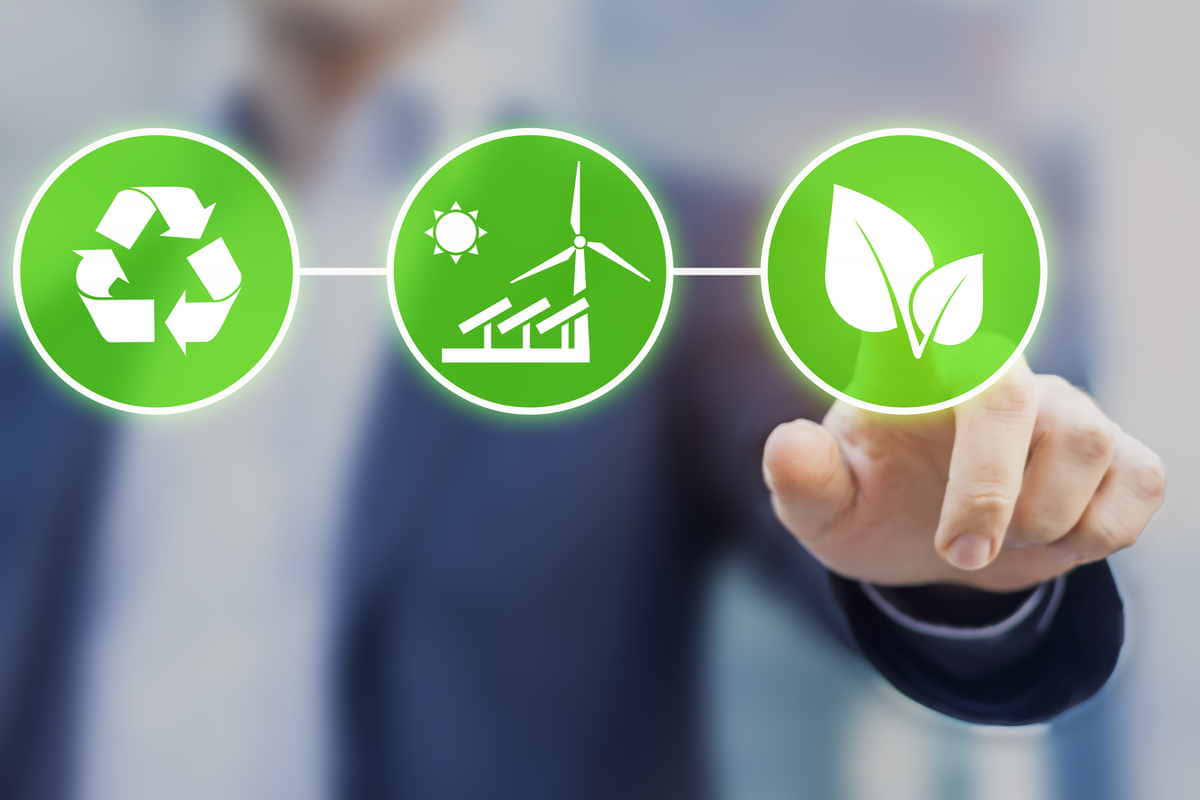 green economy, glowing green icon, leaves symbol, SD Desktop Wallpaper