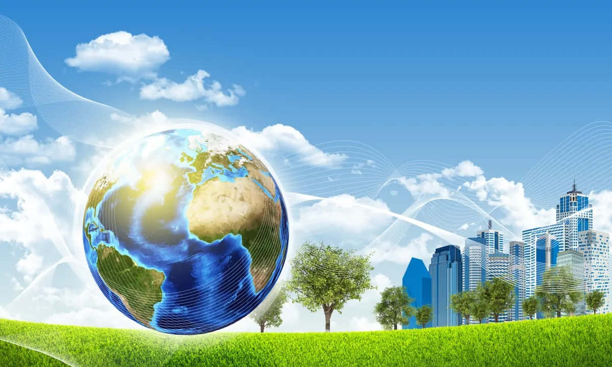 glowing globe, green grass, modern cityscape, SD Desktop Wallpaper