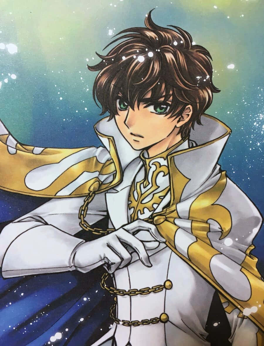 Suzaku Kururugi, white and gold ornate uniform, starry blue and green cosmic backdrop, SD Phone Wallpaper