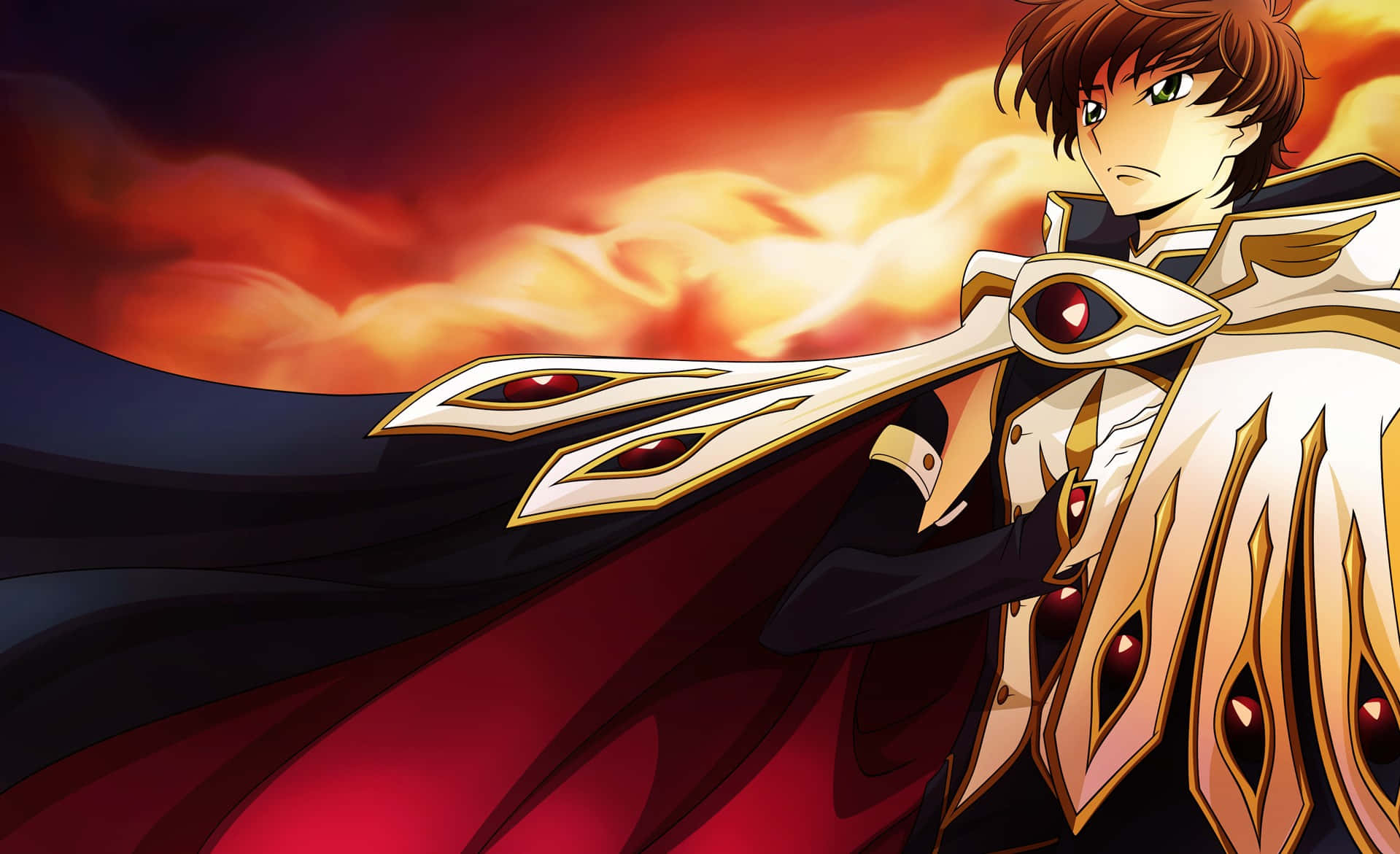 Suzaku Kururugi, white and gold armor, red gem eyes, HD Desktop Wallpaper