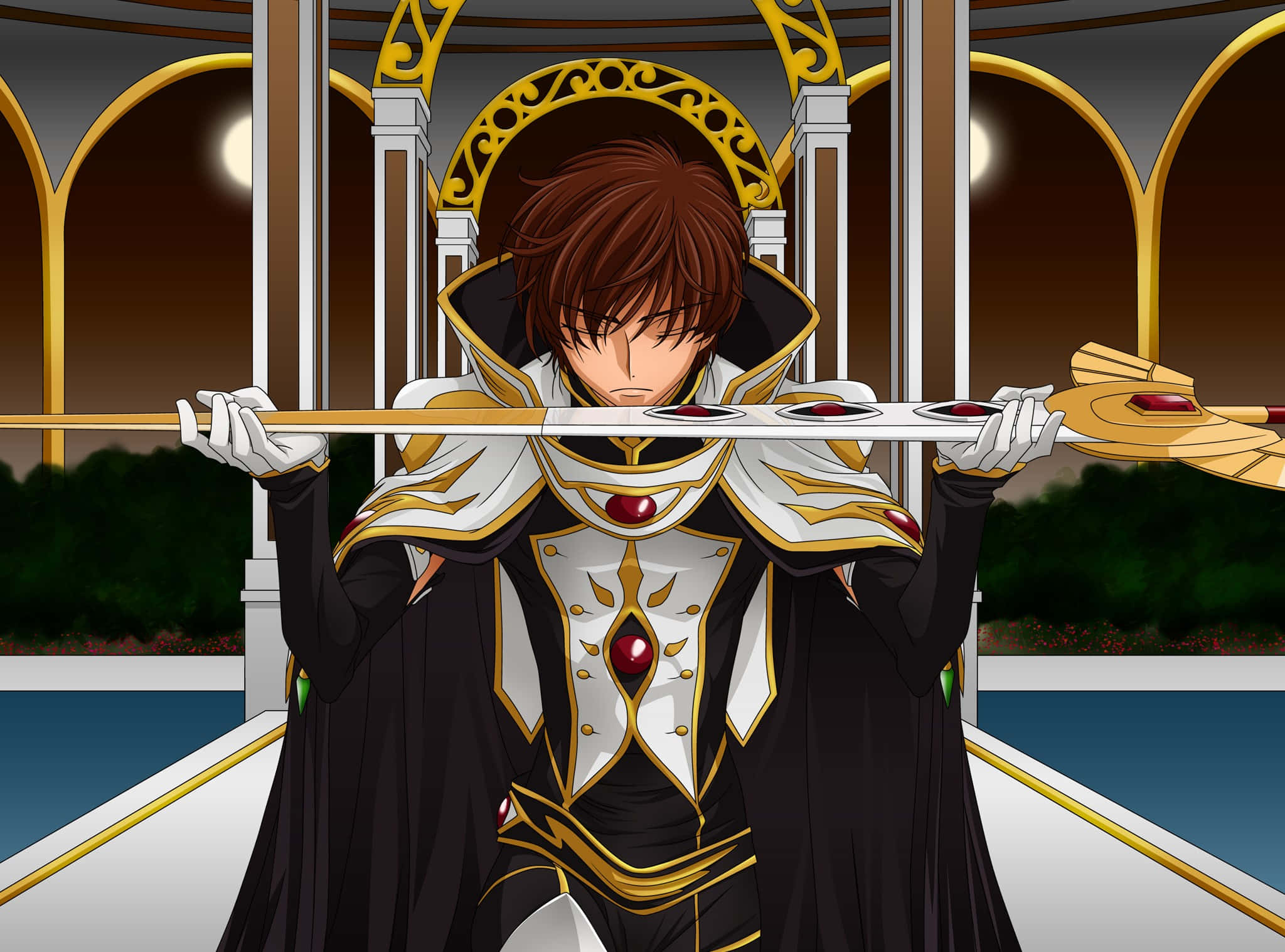 Suzaku Kururugi, black and gold armor, glowing sword, Full HD Desktop Wallpaper