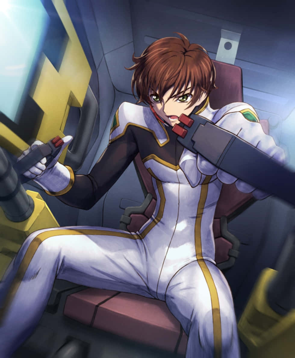 Suzaku Kururugi, white and gold flight suit, glowing blue panels, SD Phone Wallpaper