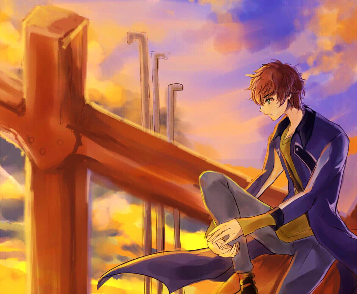 Suzaku Kururugi, red hair, wooden railing, SD Desktop Wallpaper