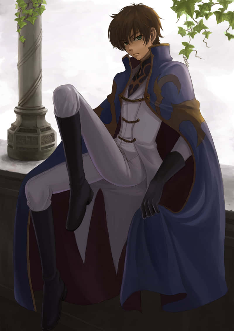Suzaku Kururugi, blue and gold cape, stone ledge, SD Phone Wallpaper