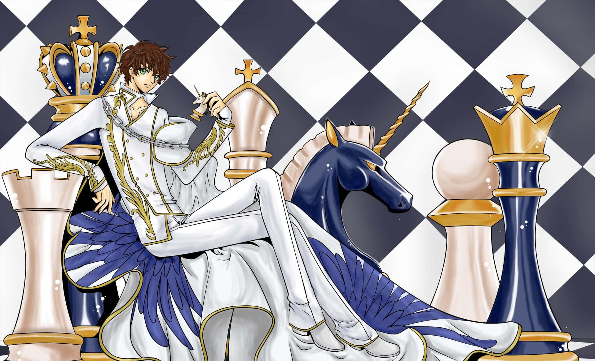 Suzaku Kururugi, white and gold, blue unicorn, Full HD Desktop Wallpaper