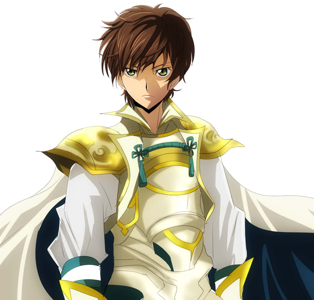 Suzaku Kururugi, white gold and teal armor, brown hair, SD Desktop Wallpaper