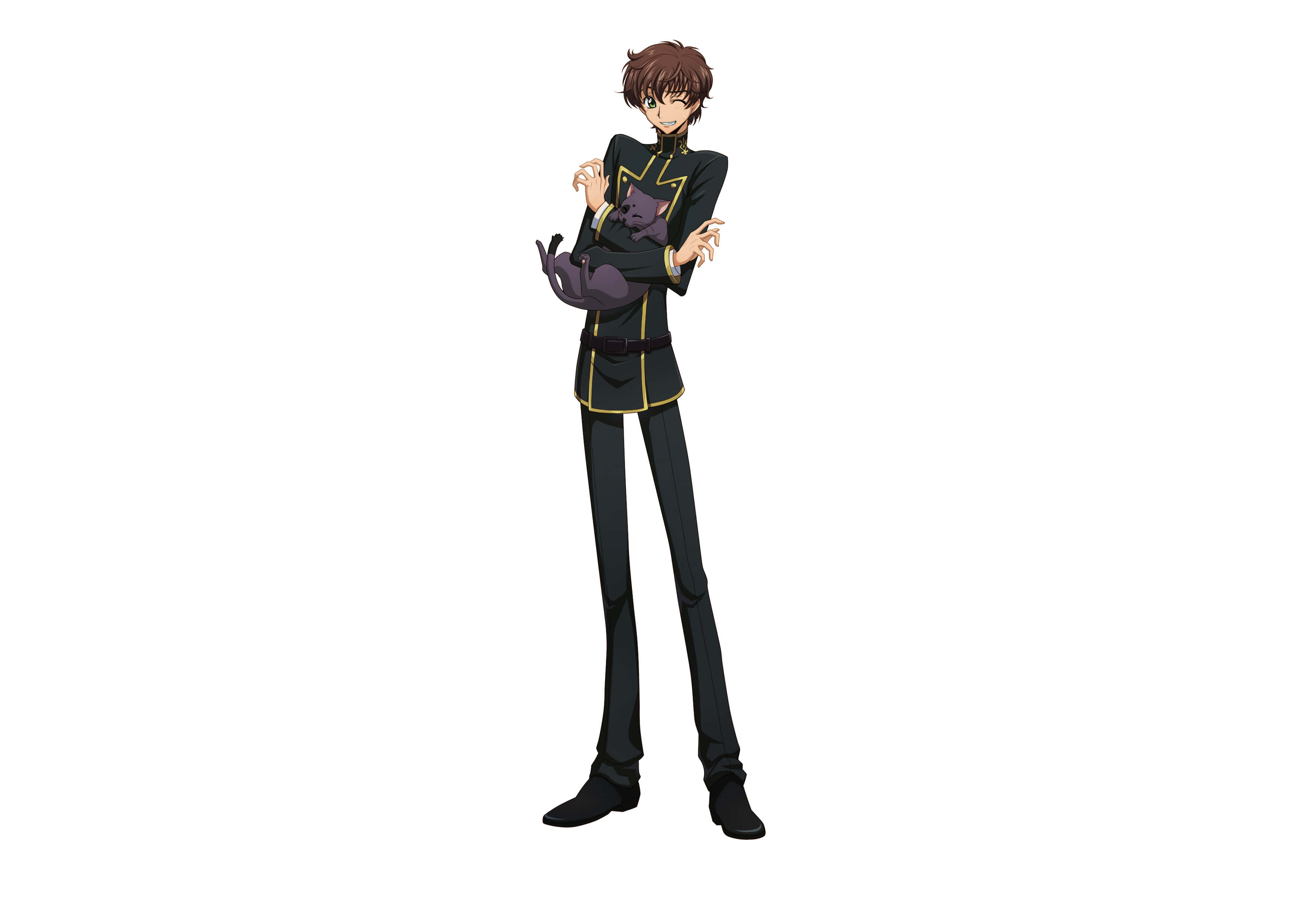 Suzaku Kururugi, black uniform with gold trim, purple cat, 2K Desktop Wallpaper