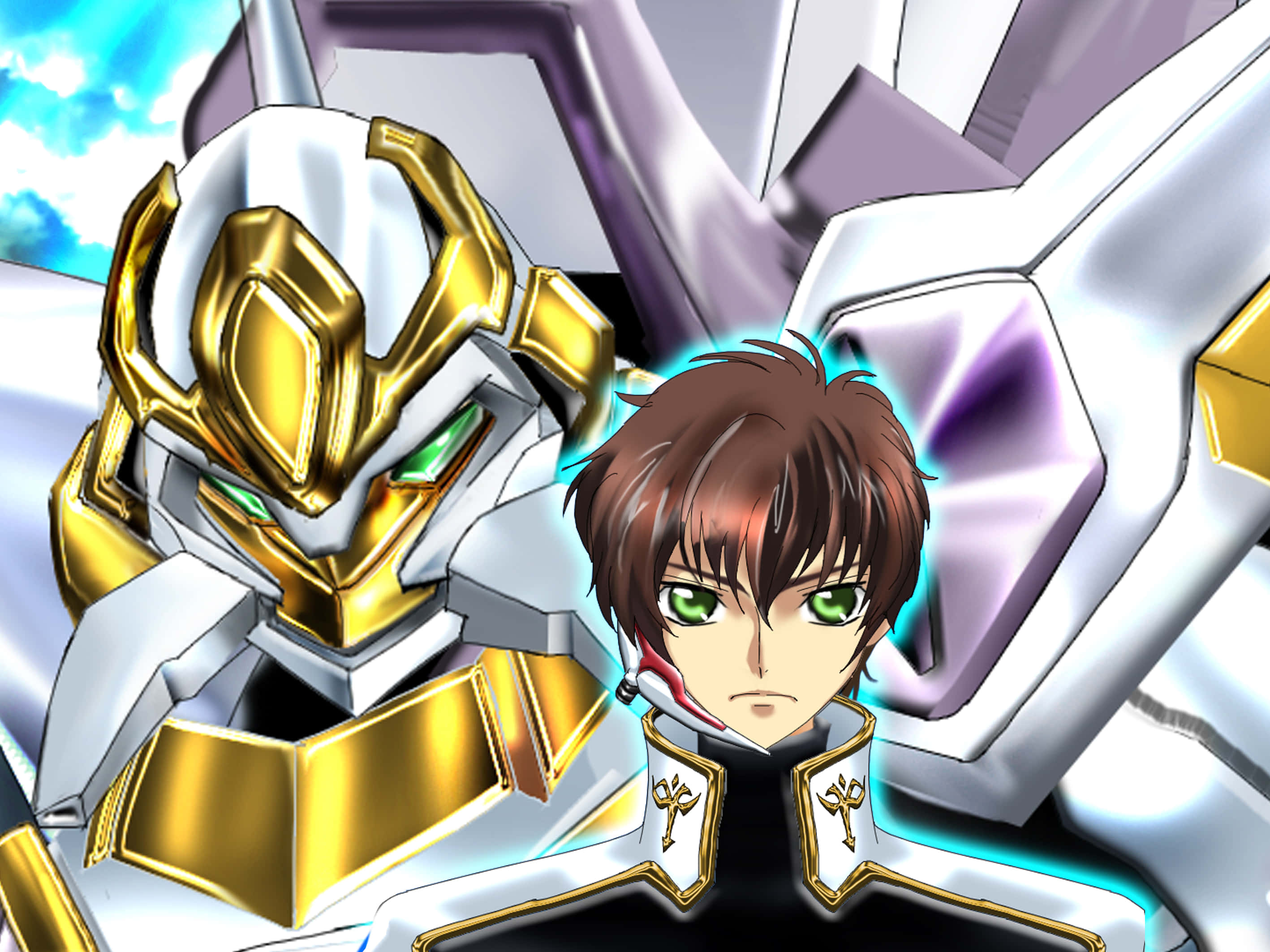 Suzaku Kururugi, green eyes, white and gold mech, 2K Desktop Wallpaper