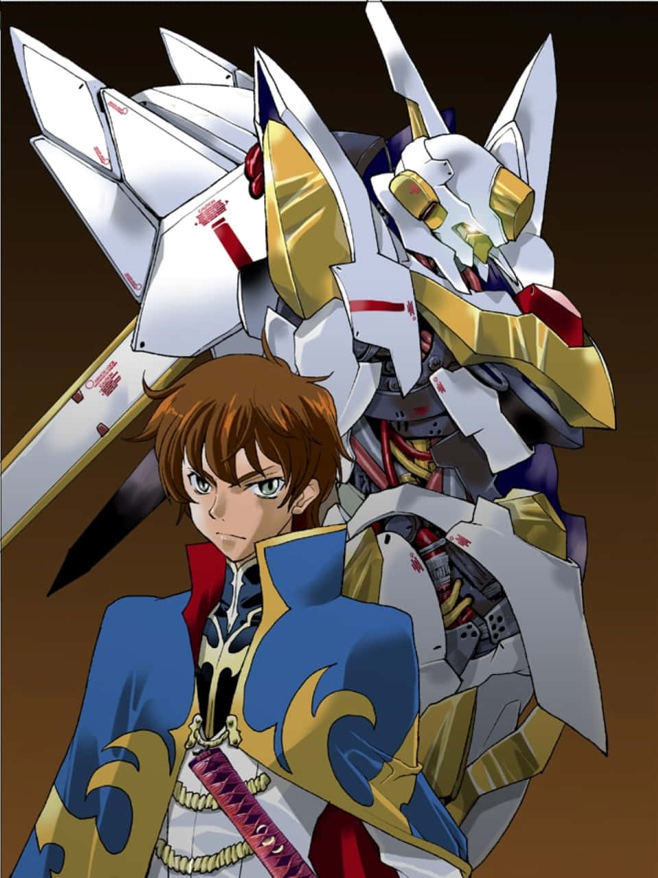 Suzaku Kururugi, blue gold and red armor, towering white gold and red mech, SD Phone Wallpaper