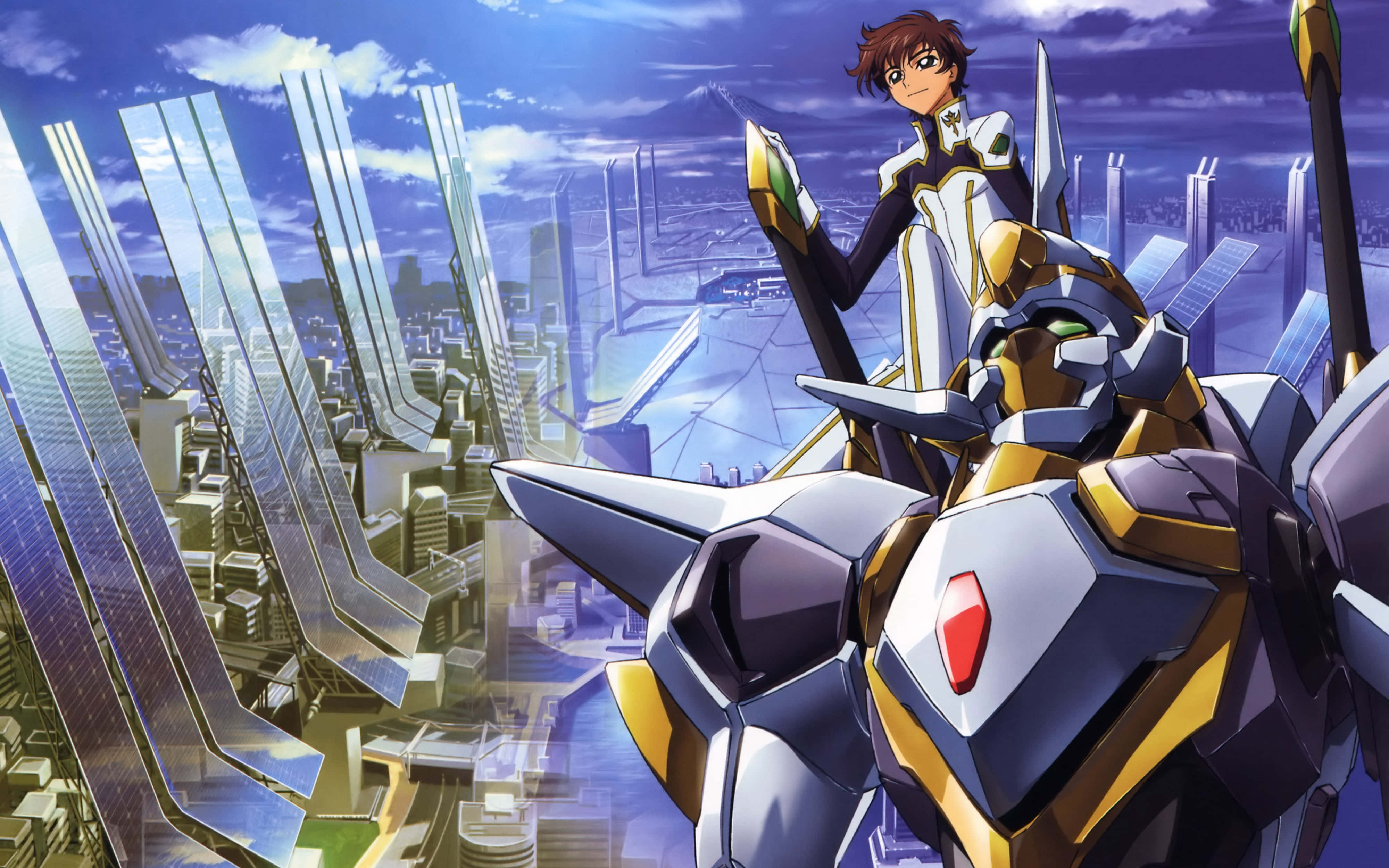 Suzaku Kururugi, gold and silver mecha, futuristic cityscape, 4K Desktop Wallpaper