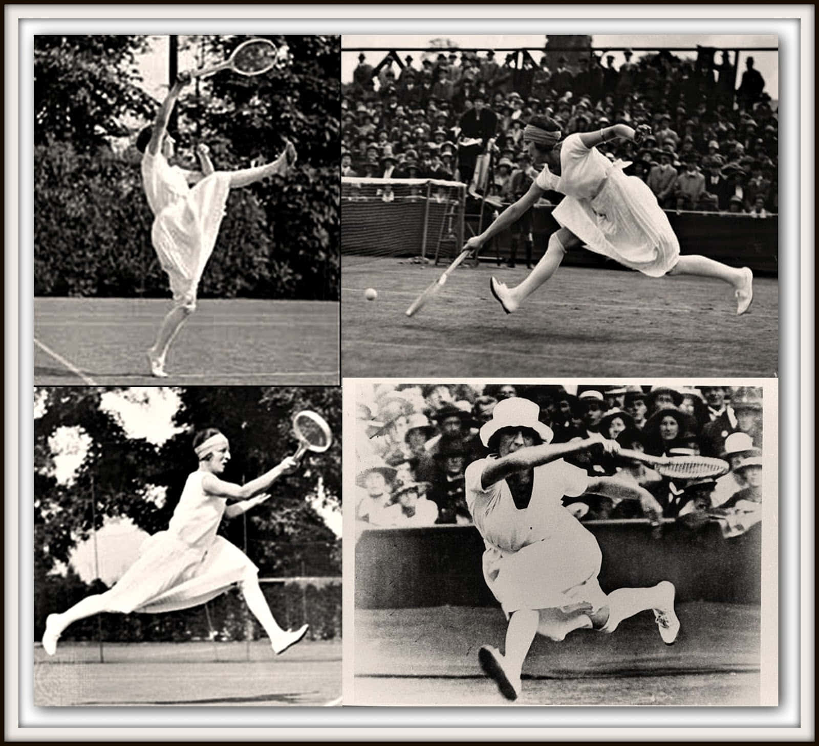 Suzanne Lenglen, vintage black and white collage, four dynamic female tennis players, HD Desktop Wallpaper