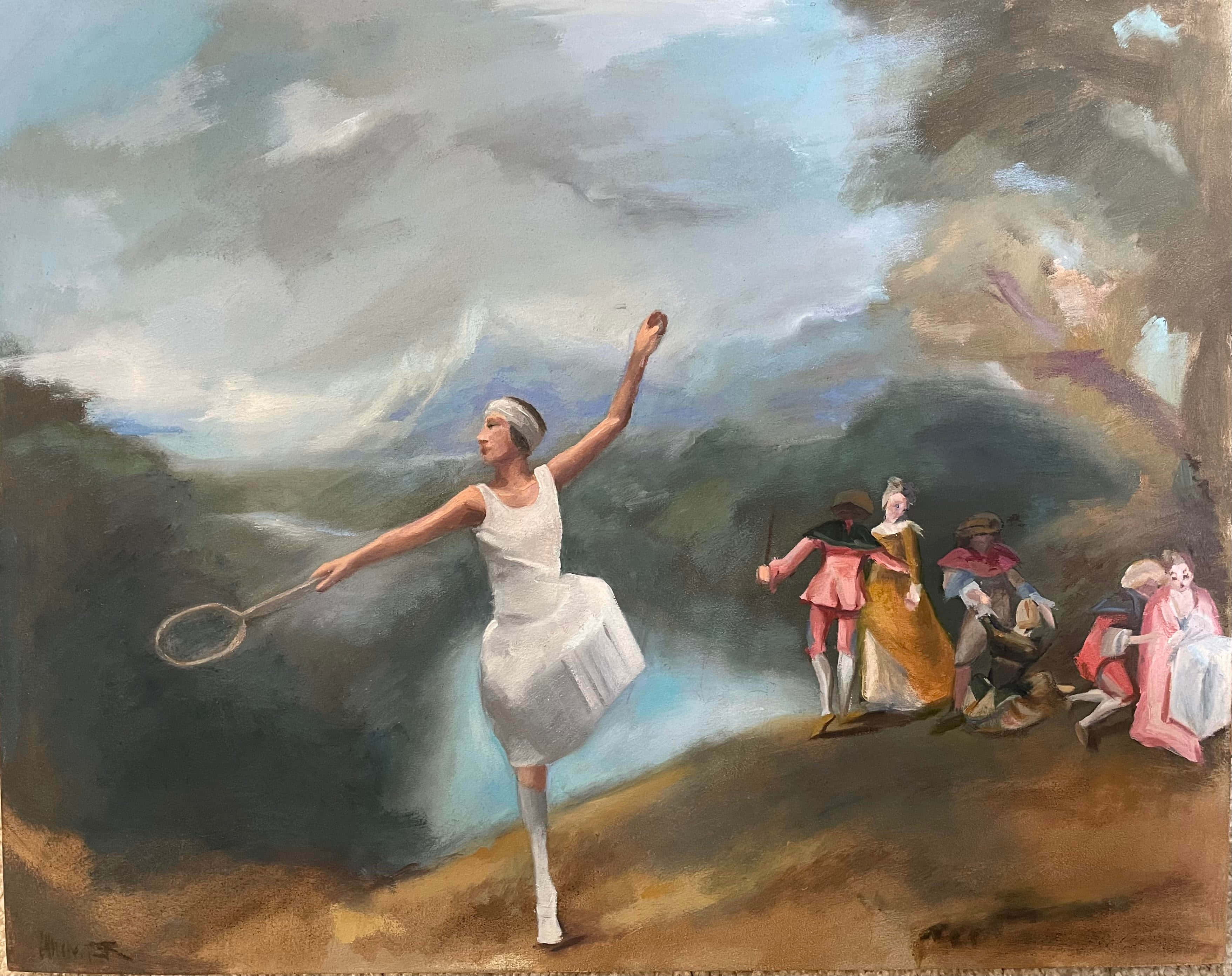 Suzanne Lenglen, white tennis attire, cloudy sky, 2K Desktop Wallpaper