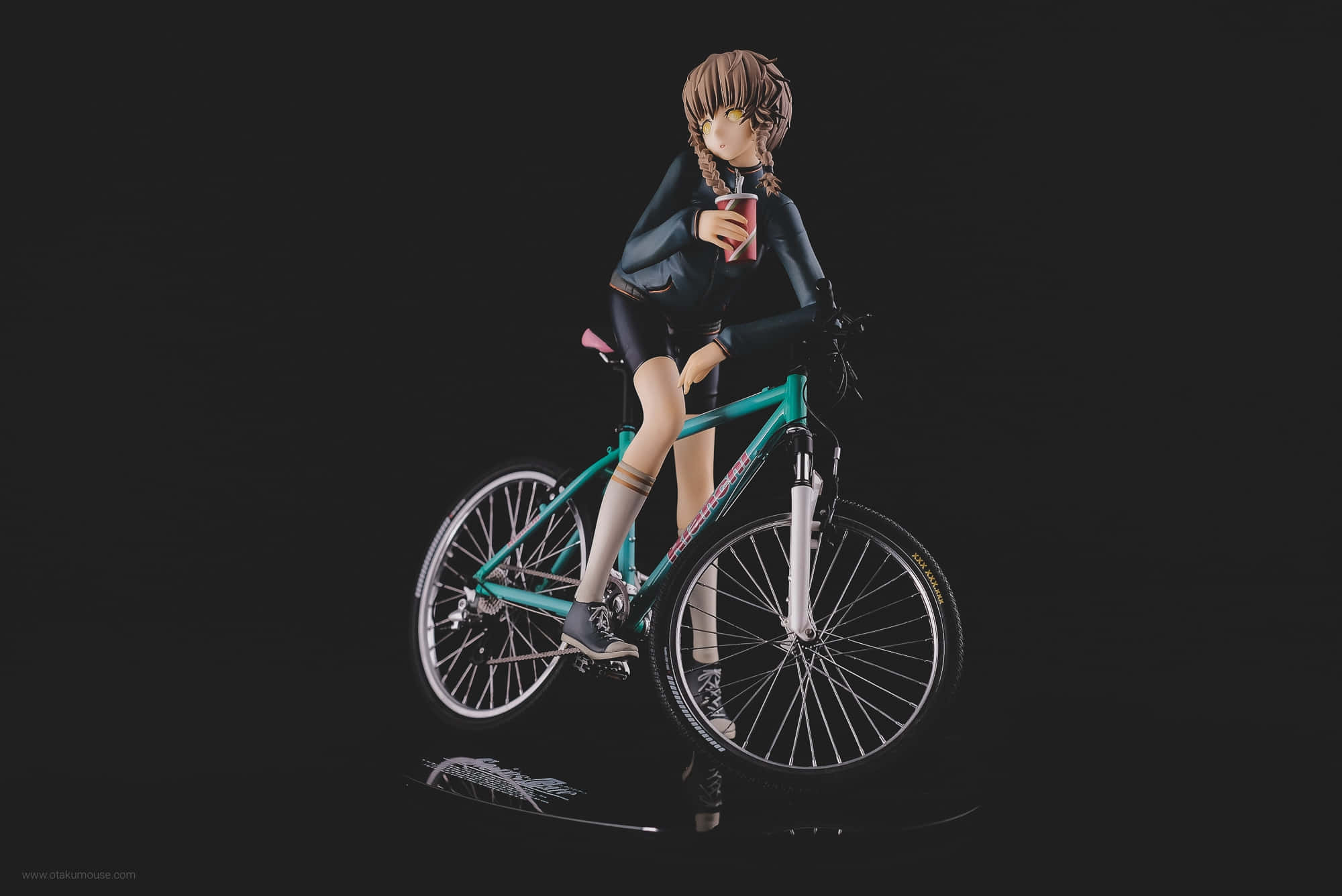 Suzuha Amane, teal bicycle, red cup, Full HD Desktop Wallpaper