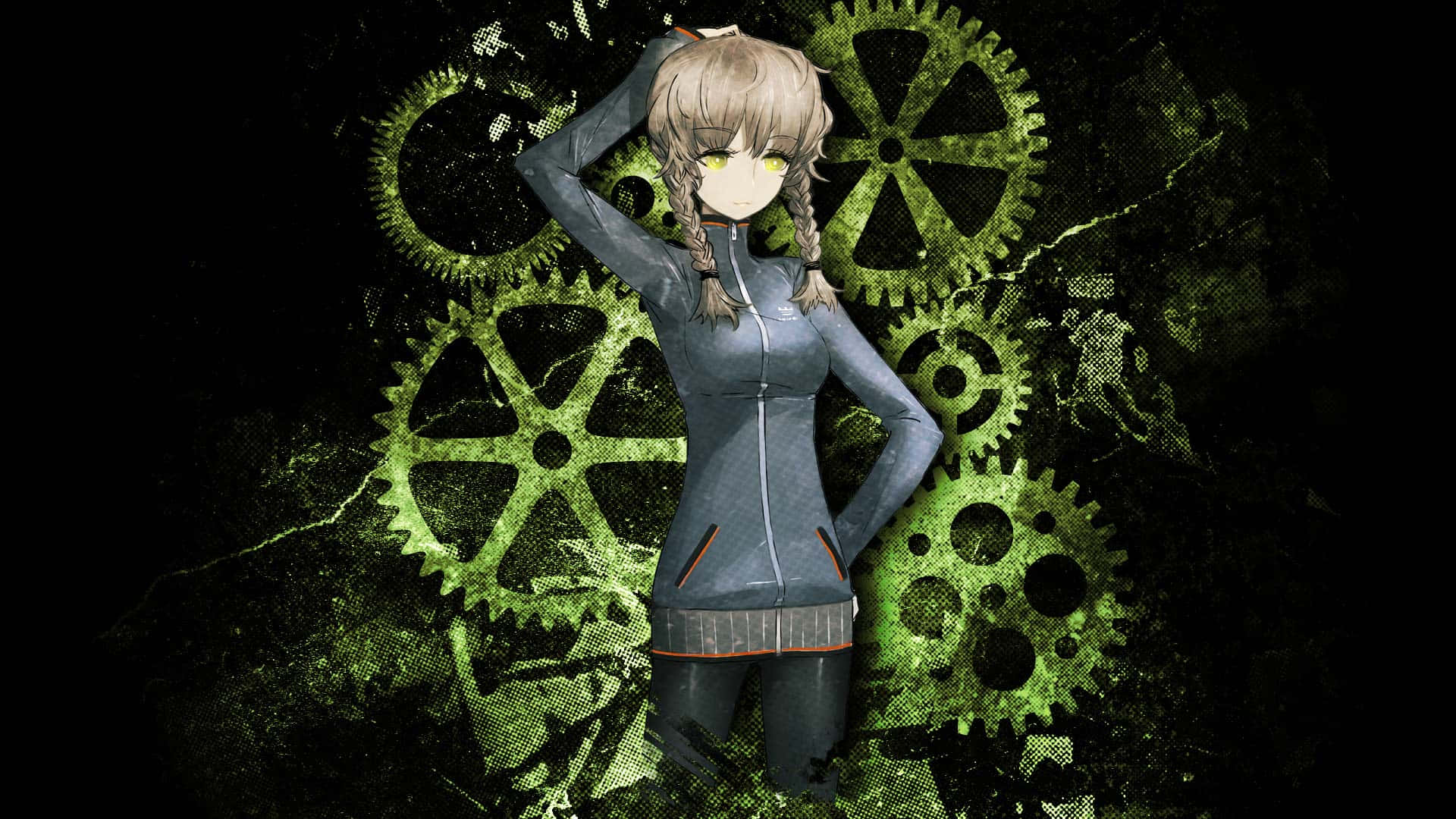 Suzuha Amane, glowing green mechanical gears, dark textured background, Full HD Desktop Wallpaper