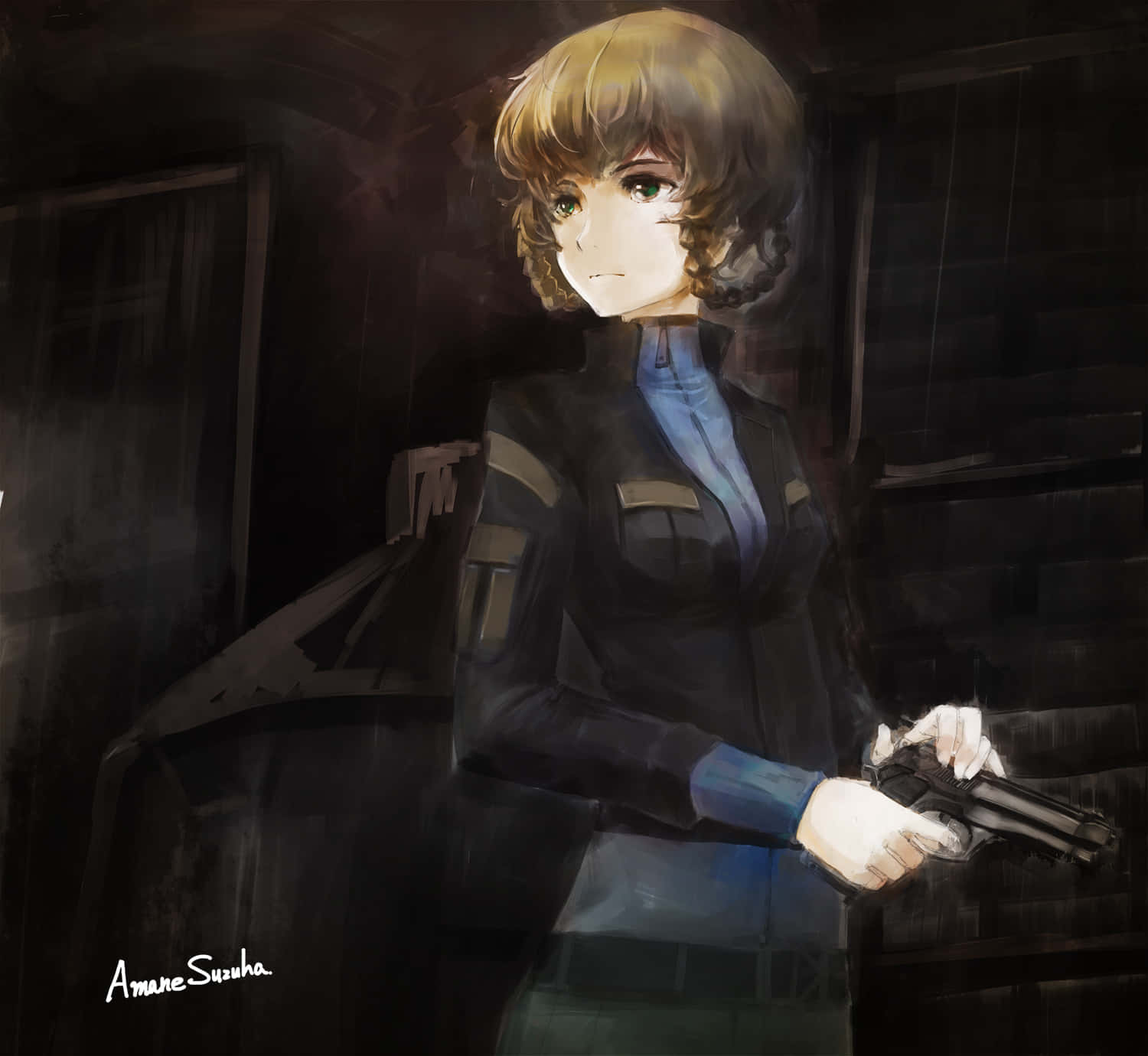 Suzuha Amane, short blonde hair, pistol, HD Desktop Wallpaper