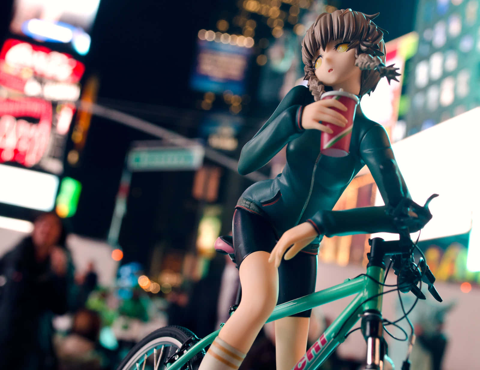 Suzuha Amane, teal bicycle, vibrant neon-lit city night backdrop, HD Desktop Wallpaper