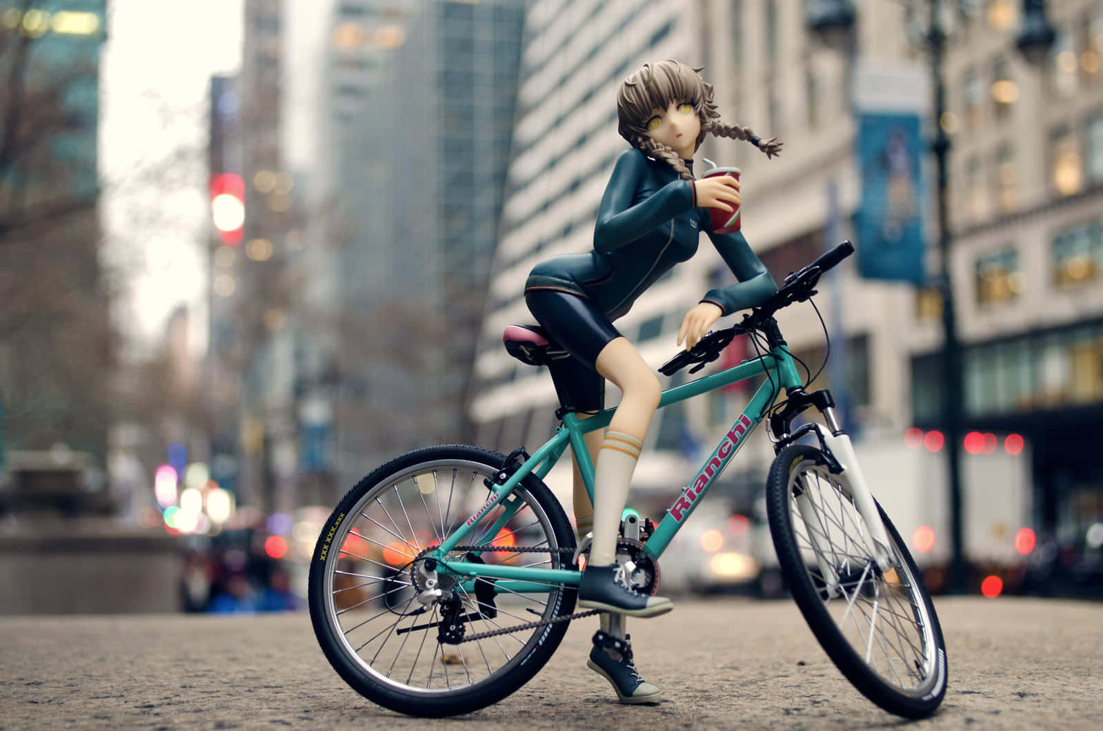 Suzuha Amane, teal bicycle, blurred city streets, HD Desktop Wallpaper