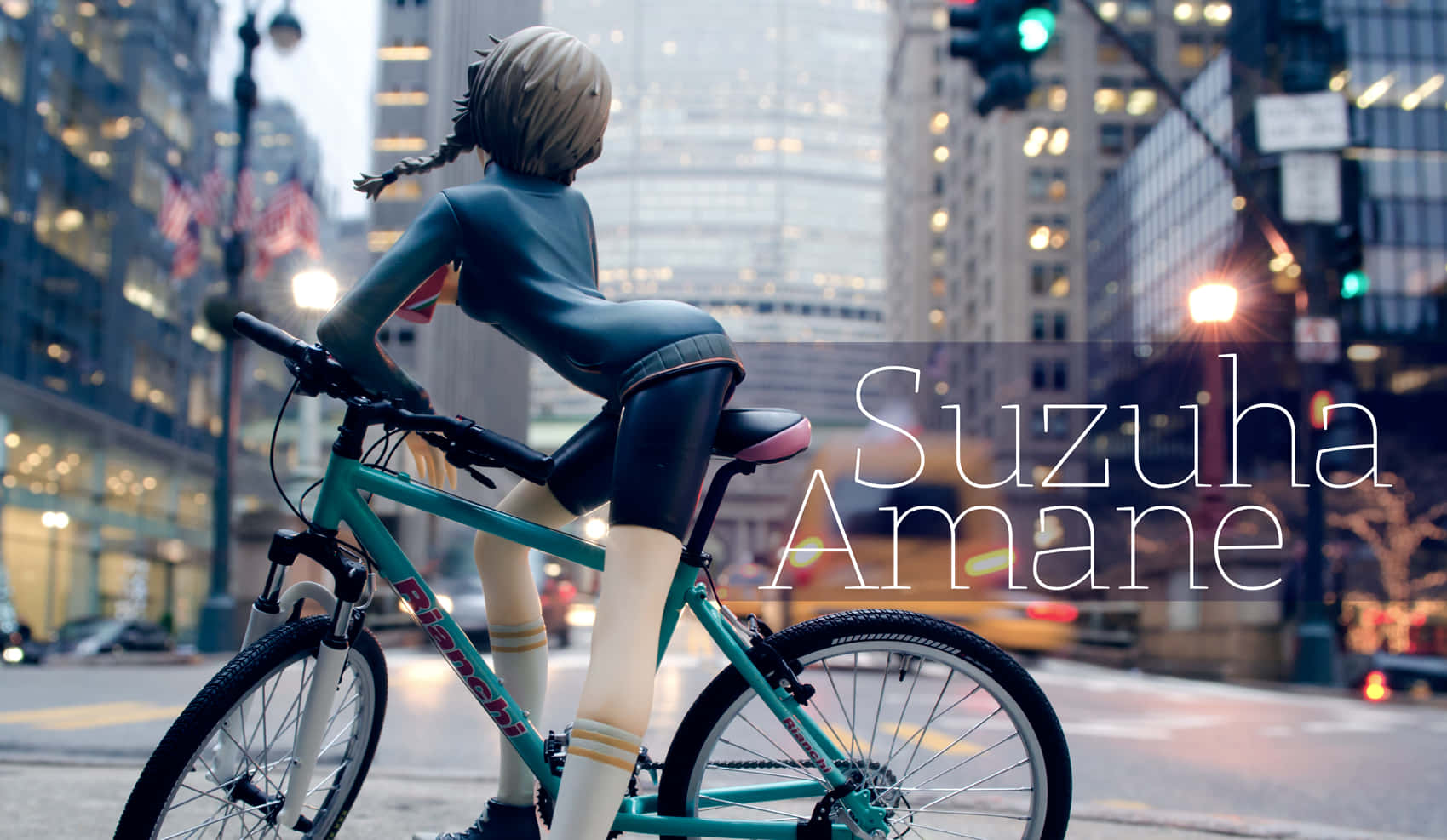 Suzuha Amane, teal bicycle, city streets, HD Desktop Wallpaper