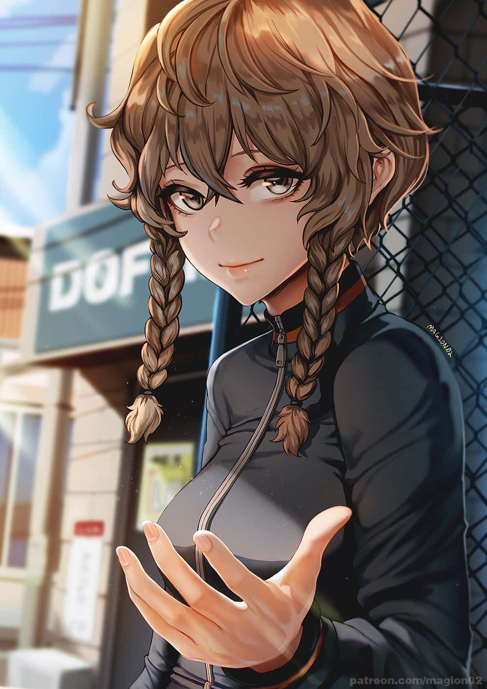 Suzuha Amane, chain-link fence, vibrant cityscape, HD Phone Wallpaper