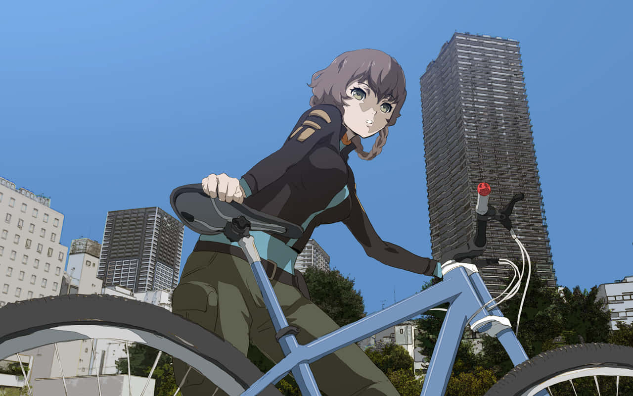Suzuha Amane, blue bicycle, sunlit urban canyon, HD Desktop Wallpaper