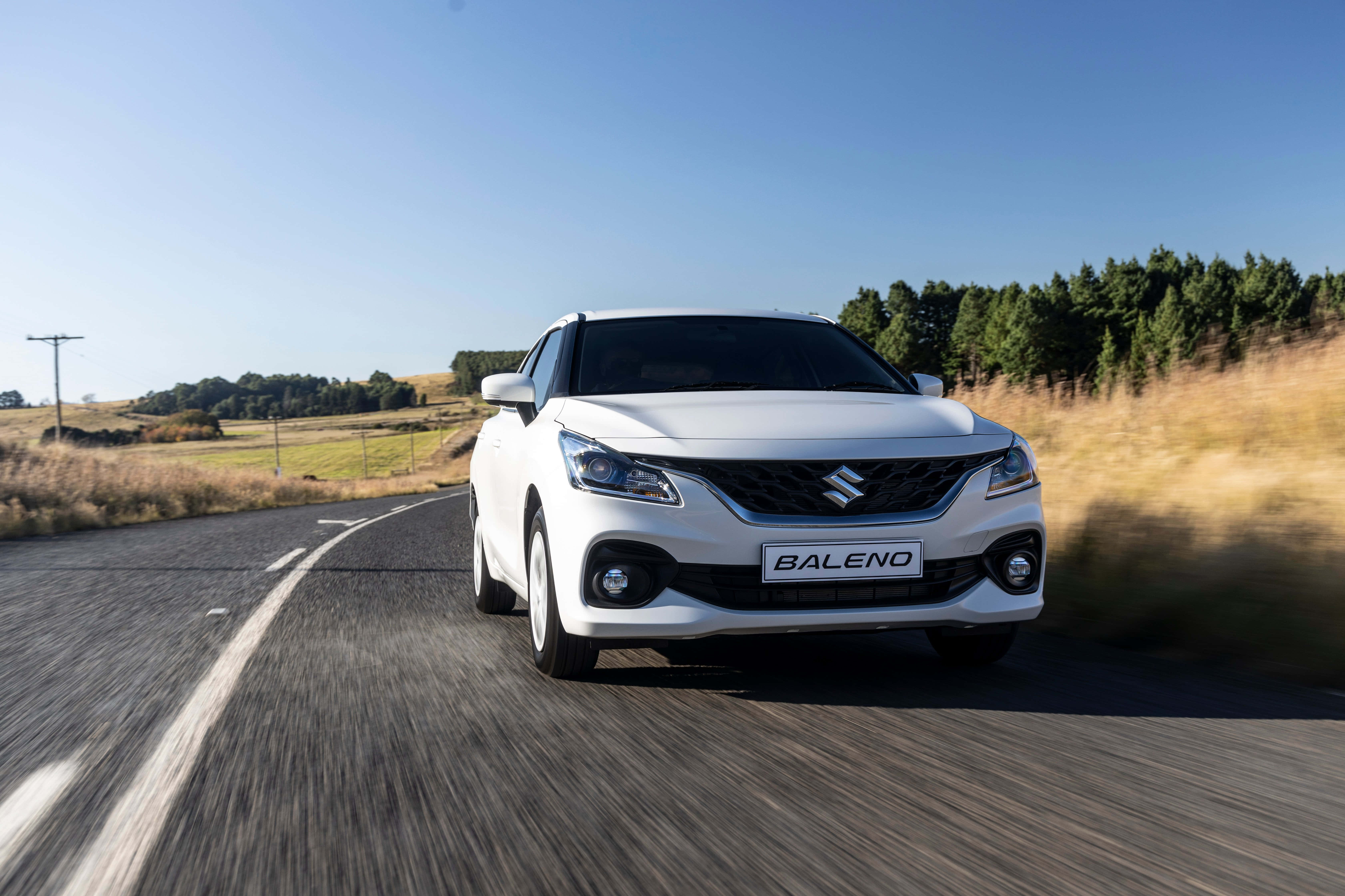 Suzuki Baleno, white, winding rural road, 5K Desktop Wallpaper