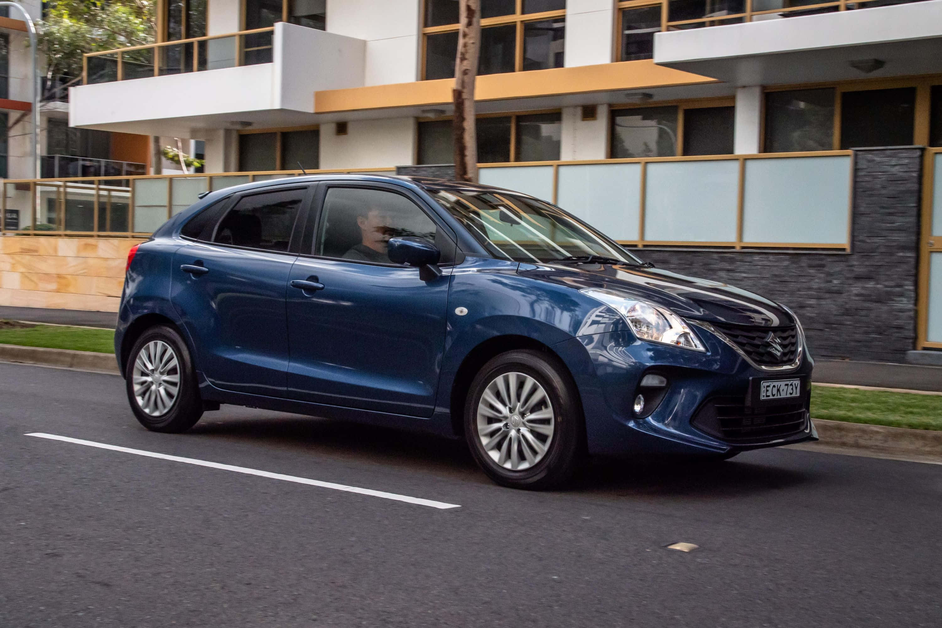 Suzuki Baleno, blue hatchback, city street, 2K Desktop Wallpaper