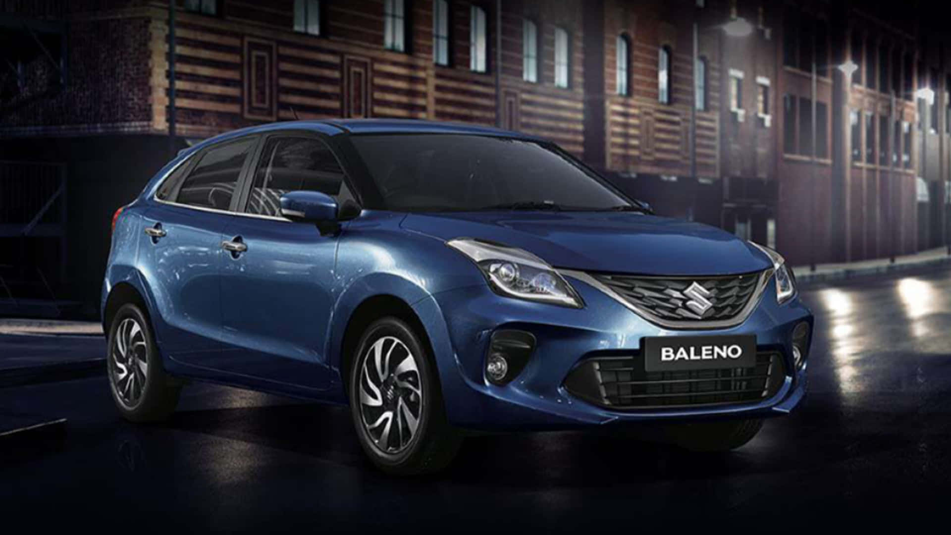 Suzuki Baleno, blue, wet urban street, Full HD Desktop Wallpaper