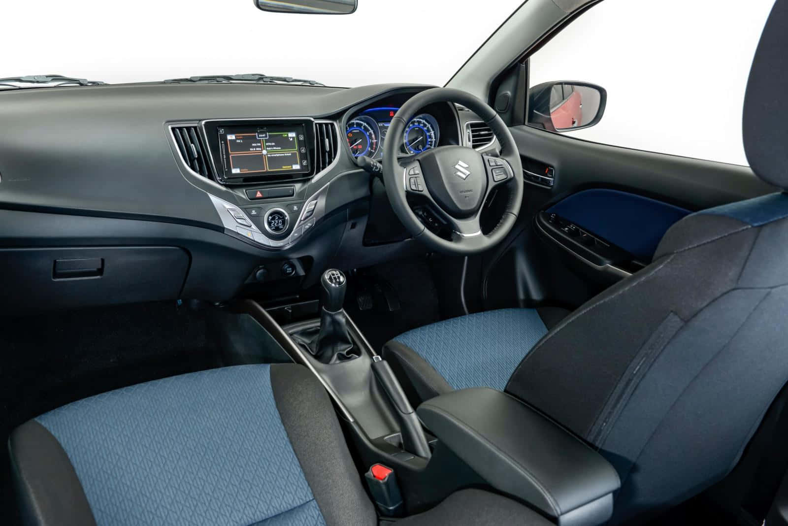 Suzuki Baleno, blue patterned seats, black dashboard, HD Desktop Wallpaper