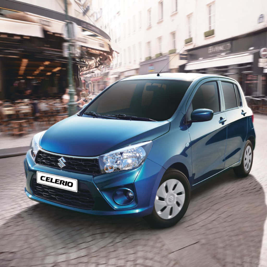 Suzuki Celerio, vibrant blue, cobblestoned European street, SD Desktop Wallpaper