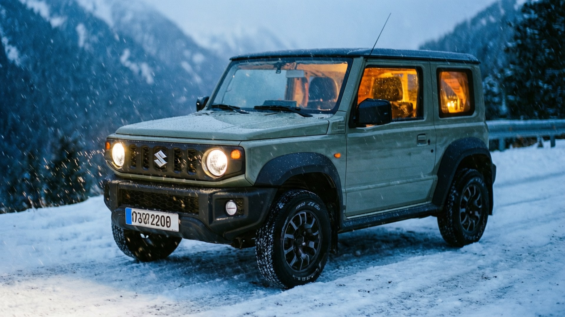 Suzuki Jimny, snowy mountain pass, cozy interior lighting, Full HD Desktop Wallpaper