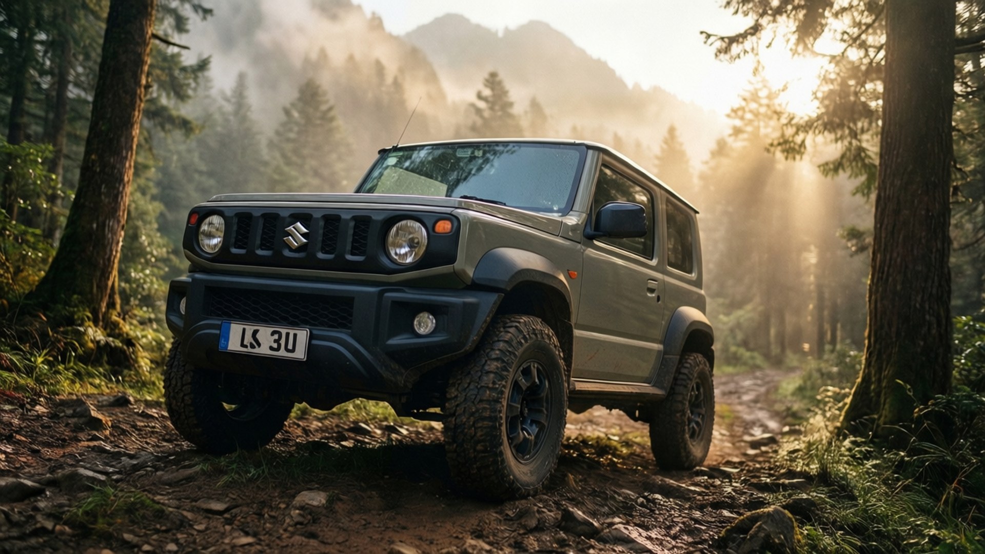 Suzuki Jimny, rugged mountain trails, golden dawn light, Full HD Desktop Wallpaper