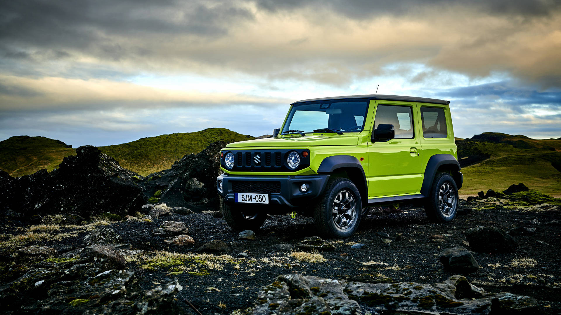 Suzuki Jimny, lime green, volcanic terrain, Full HD Desktop Wallpaper
