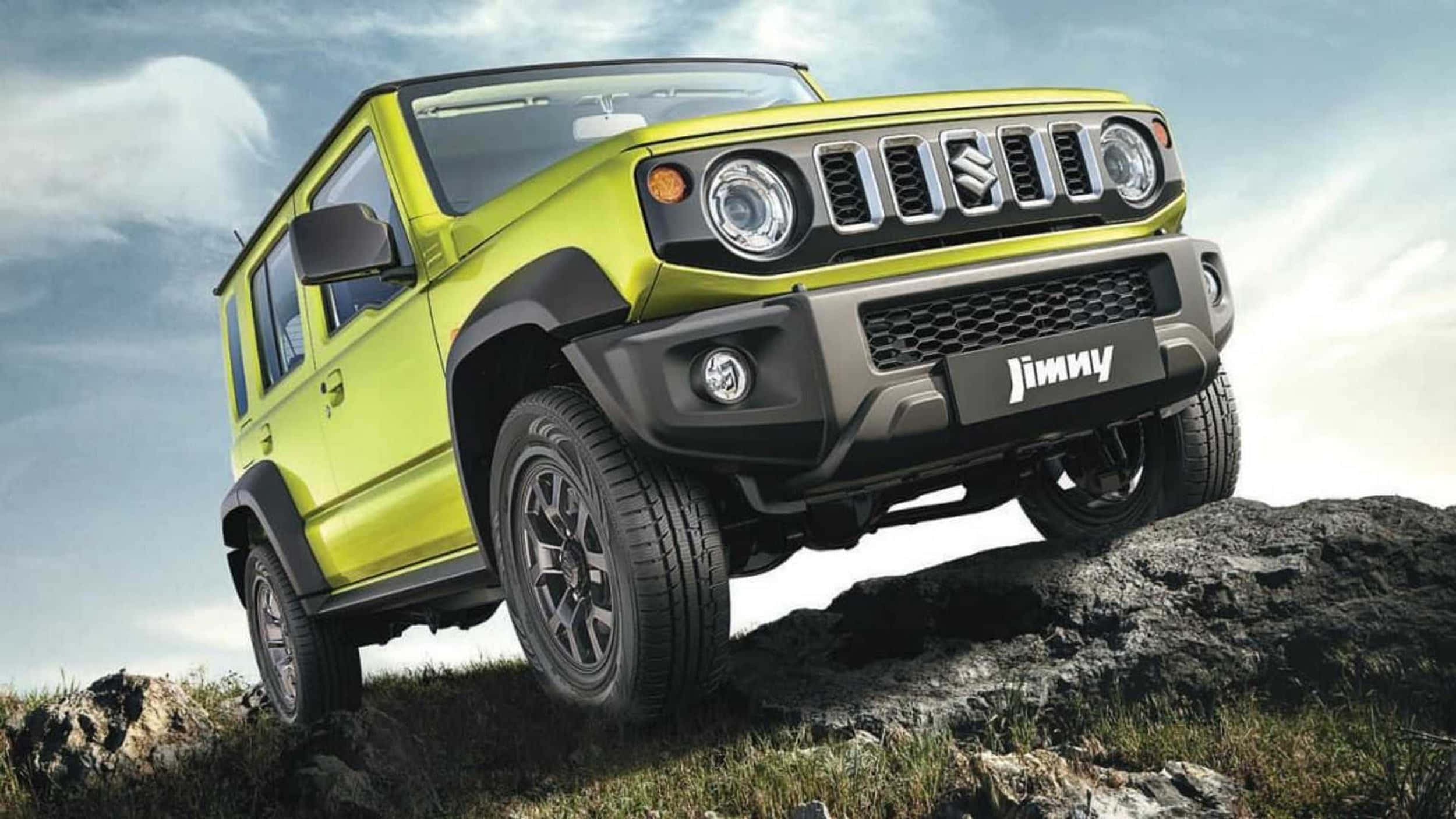 Suzuki Jimny, lime green, rugged rocky terrain, Full HD Desktop Wallpaper